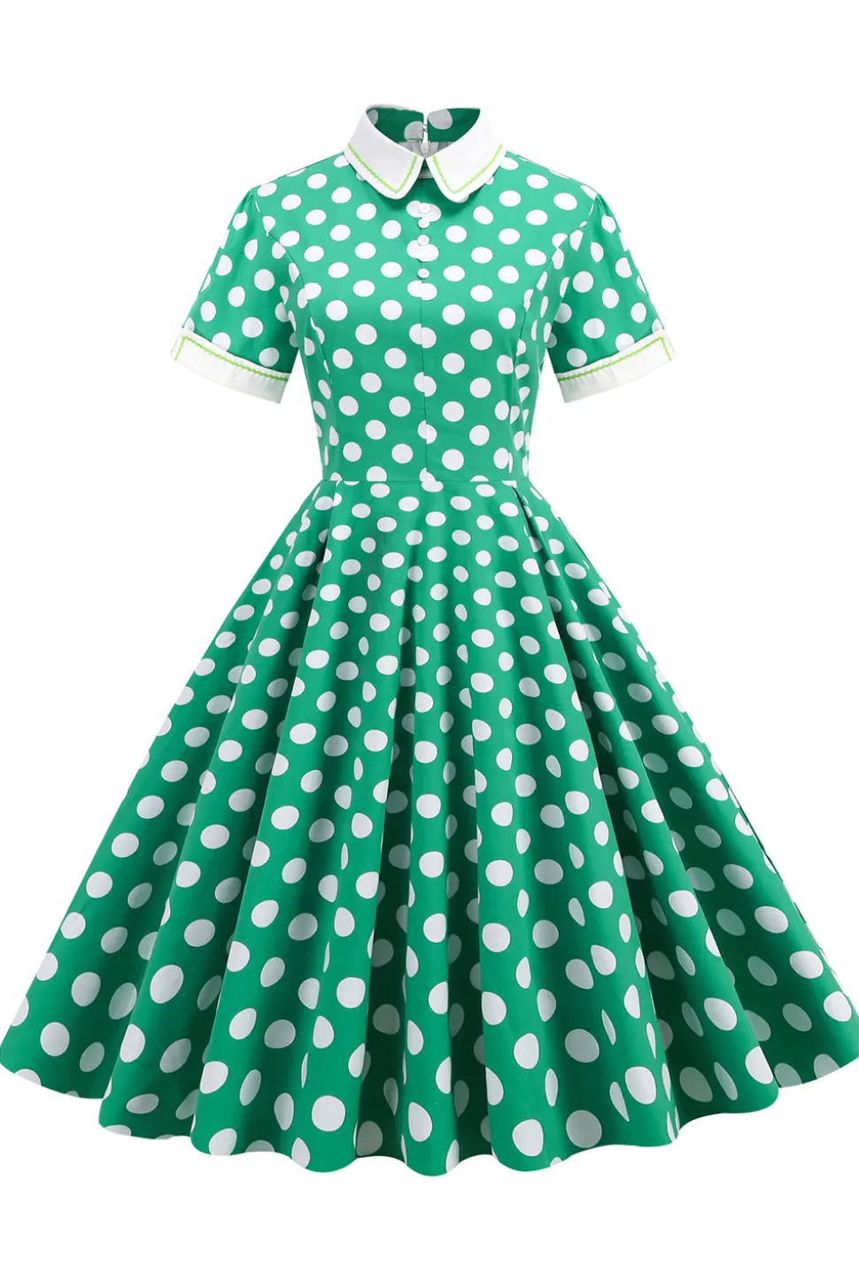 Vestido vintage verde ponto branco com mangas curtas