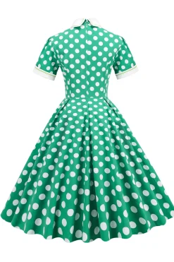 Vestido vintage verde ponto branco com mangas curtas