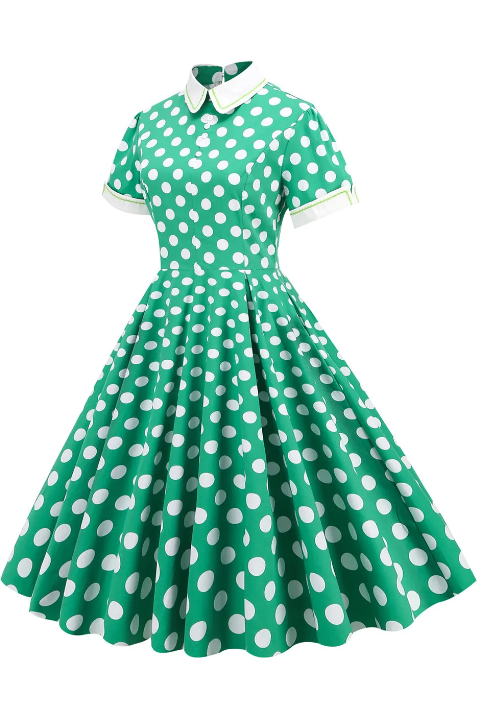Vestido vintage verde ponto branco com mangas curtas