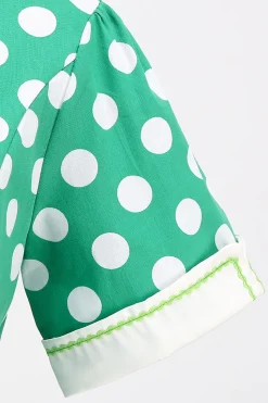 Vestido vintage verde ponto branco com mangas curtas