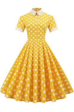 Vestido vintage verde ponto branco com mangas curtas