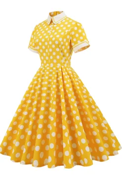 Vestido vintage verde ponto branco com mangas curtas