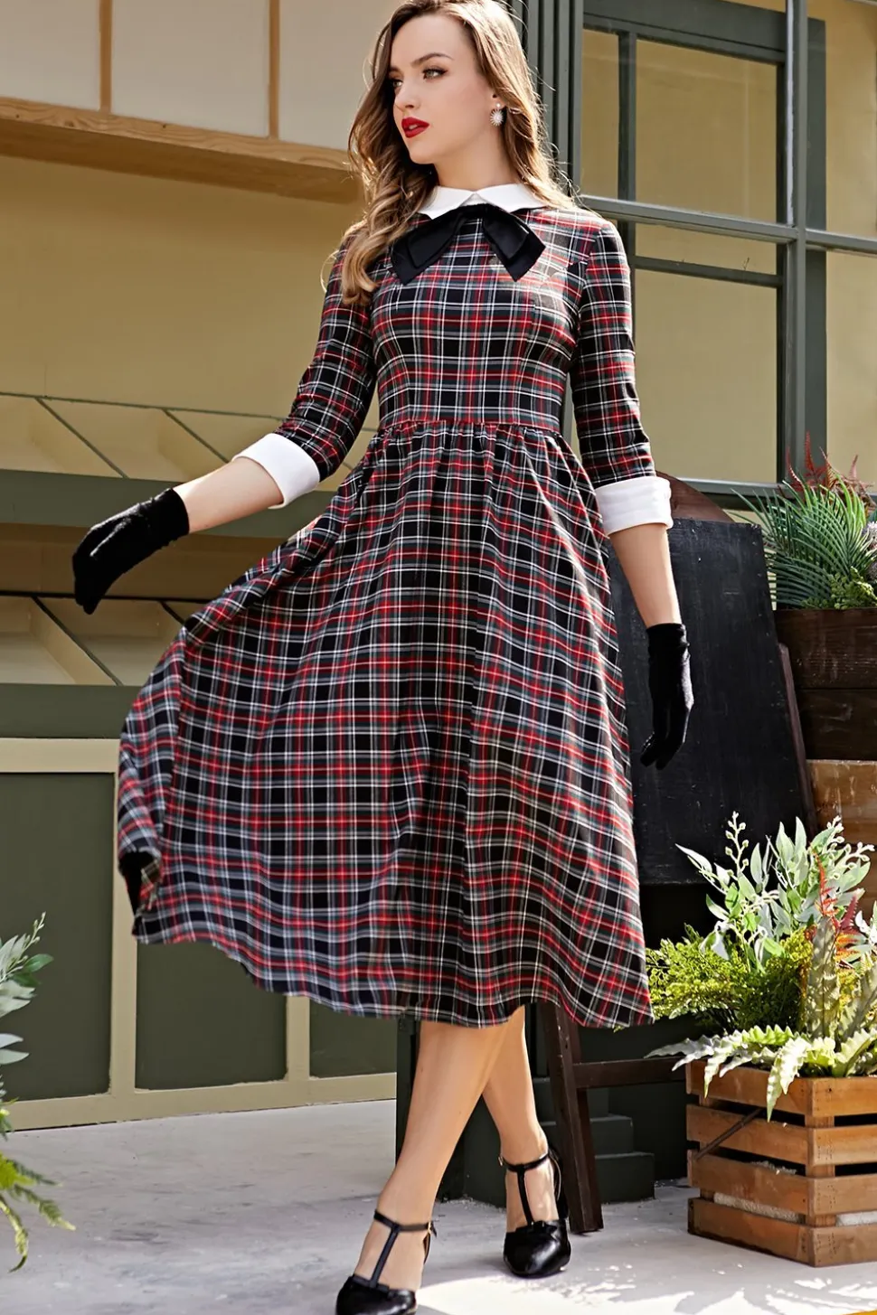 Vestido vintage vermelho e preto gingham