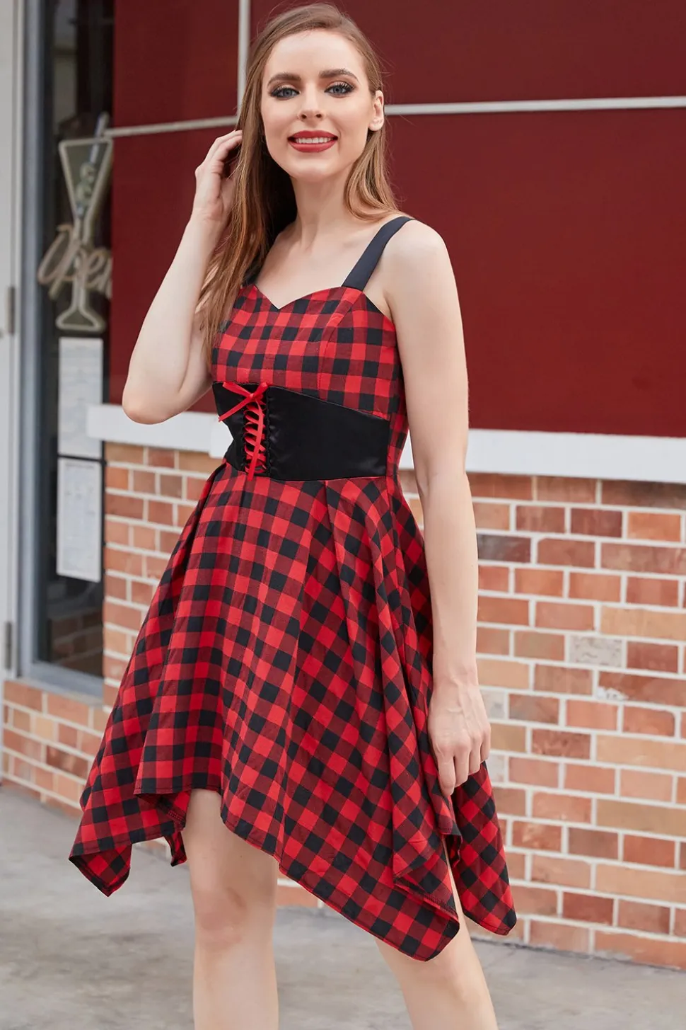 Vestido vintage xadrez vermelho e preto