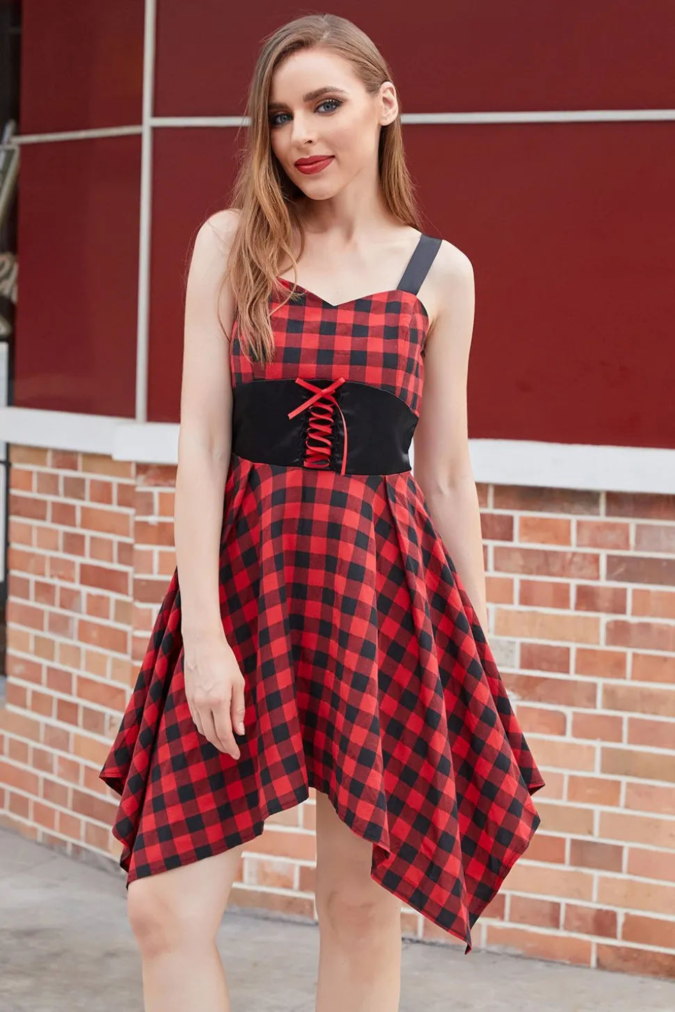 Vestido vintage xadrez vermelho e preto