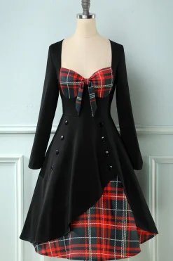 Vestido xadrez de 1950 com mangas compridas
