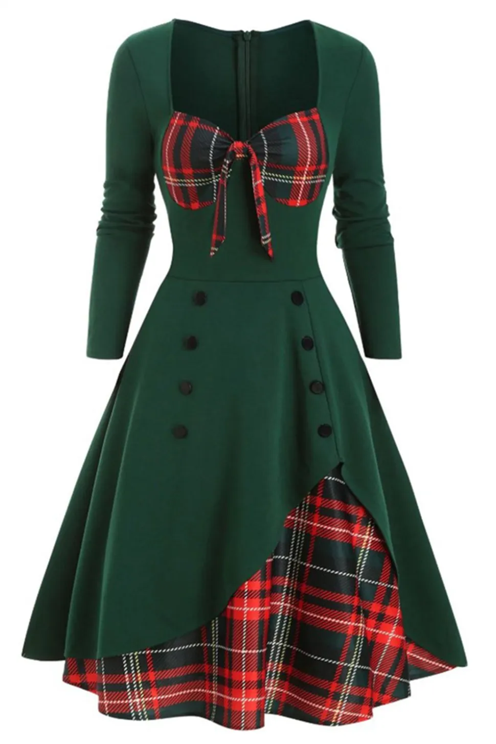 Vestido xadrez de 1950 com mangas compridas