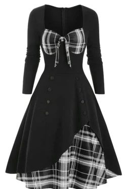 Vestido xadrez de 1950 com mangas compridas