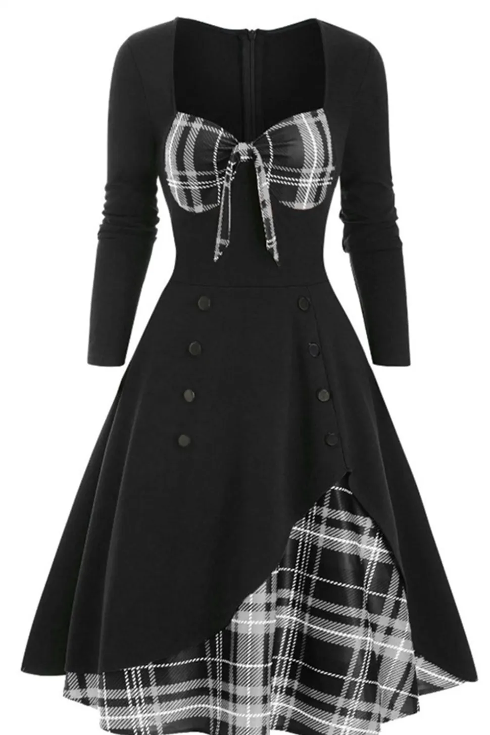 Vestido xadrez de 1950 com mangas compridas