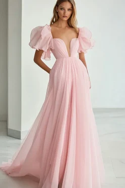 Vestidos Baile De Finalistas Rosa Linha-A Mangas Curtas Longo