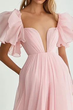Vestidos Baile De Finalistas Rosa Linha-A Mangas Curtas Longo