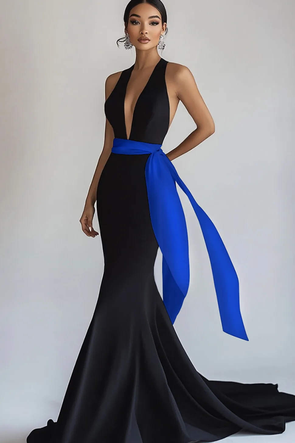 Vestidos Cerimónia Azul Real Preto Longo Decote em V Sereia