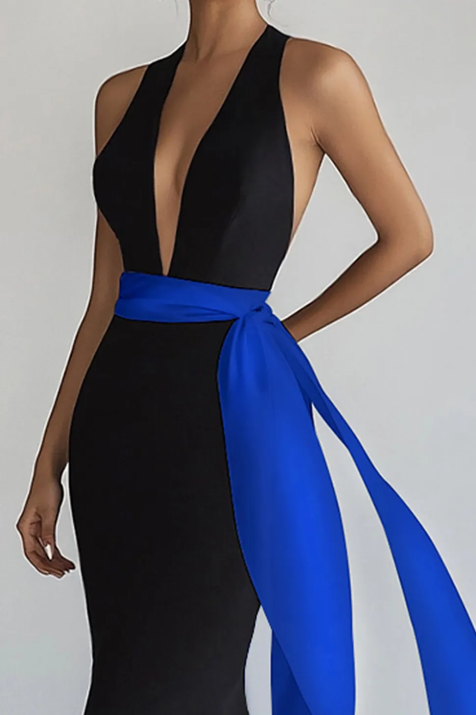 Vestidos Cerimónia Azul Real Preto Longo Decote em V Sereia