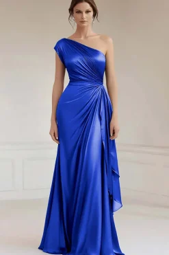 Vestidos Cerimónia Azul Real Longo Um ombro Babados