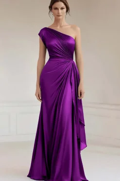 Vestidos Cerimónia Azul Real Longo Um ombro Babados