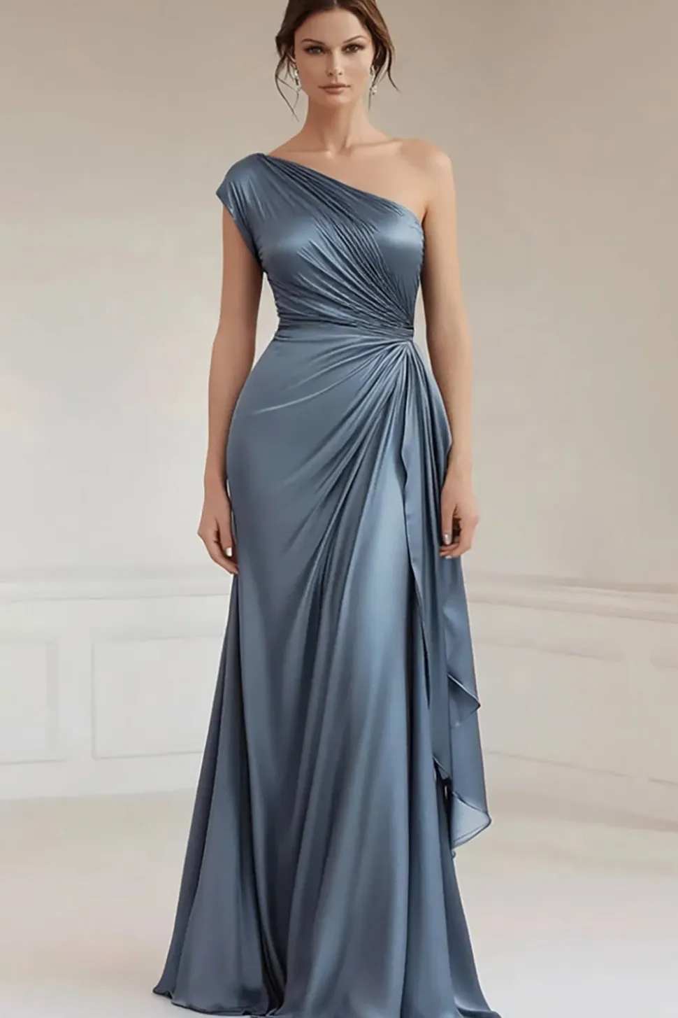 Vestidos Cerimónia Azul Real Longo Um ombro Babados