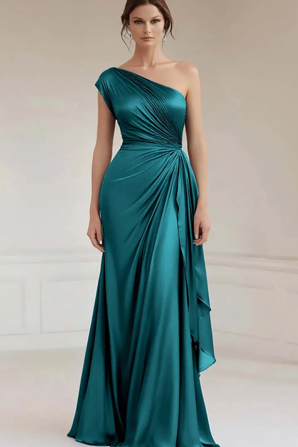 Vestidos Cerimónia Azul Real Longo Um ombro Babados