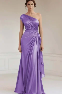 Vestidos Cerimónia Azul Real Longo Um ombro Babados
