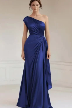 Vestidos Cerimónia Azul Real Longo Um ombro Babados
