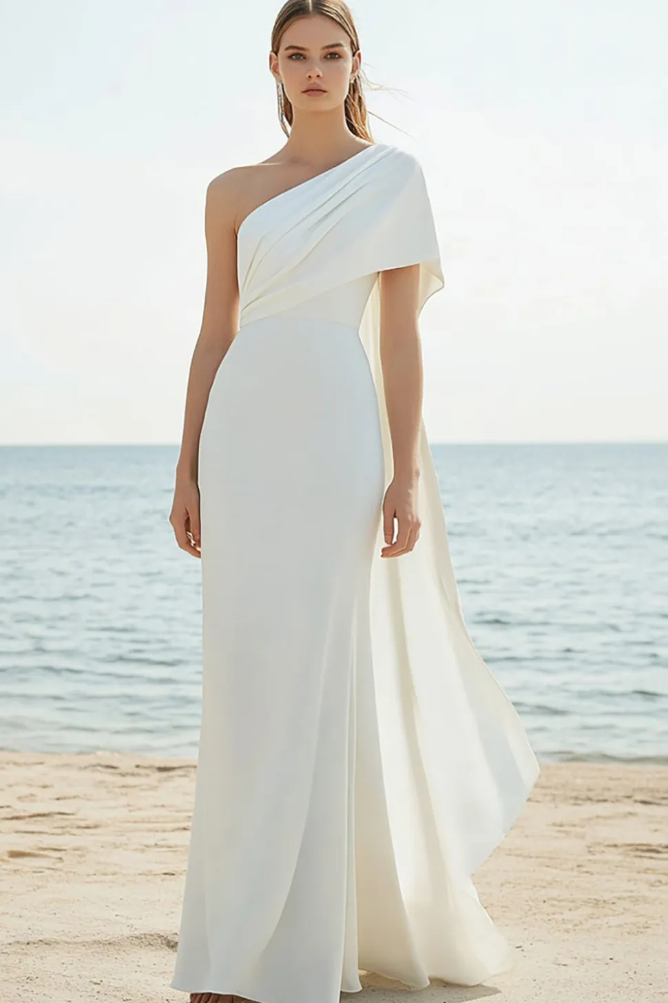 Vestidos Cerimónia Branco Longo Um Ombro Bainha Cetim