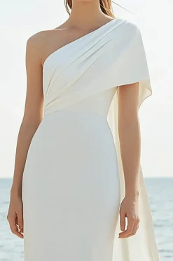 Vestidos Cerimónia Branco Longo Um Ombro Bainha Cetim