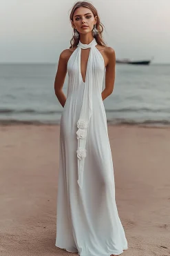 Vestidos Cerimónia Branco Longo Sem Mangas Chiffon
