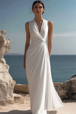 Vestidos Cerimónia Branco Decote em V Longo Sem Mangas