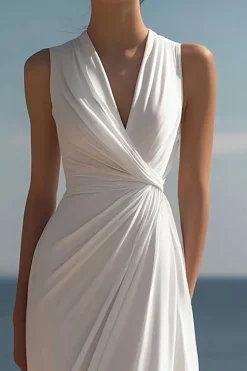 Vestidos Cerimónia Branco Decote em V Longo Sem Mangas