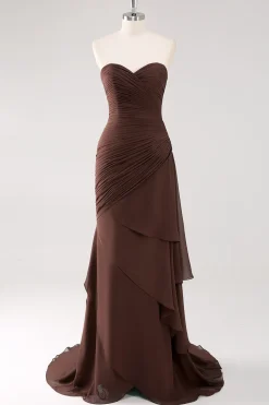 Vestidos Cerimónia Castanho Chiffon Escuro Longo Sem Alças
