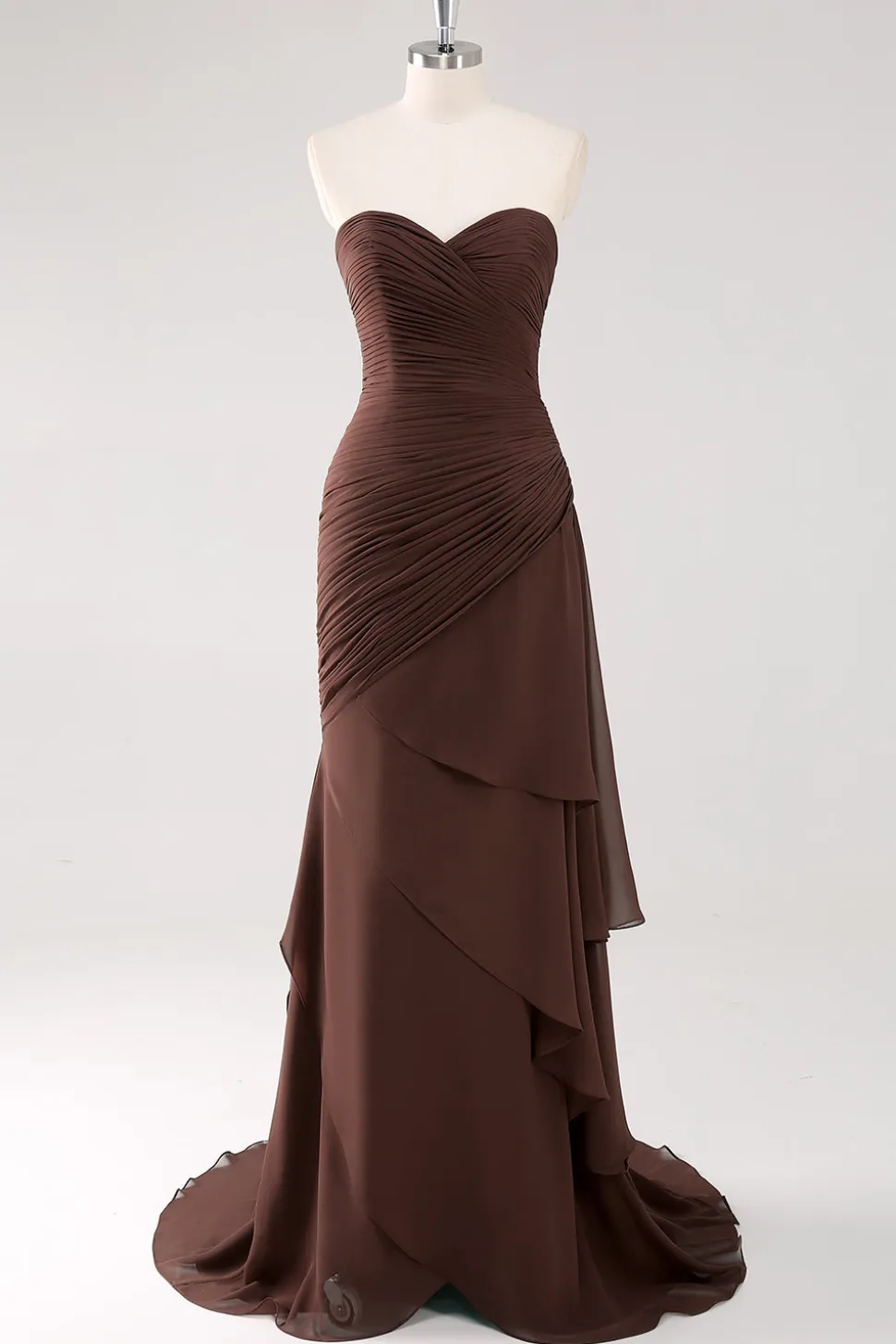 Vestidos Cerimónia Castanho Chiffon Escuro Longo Sem Alças