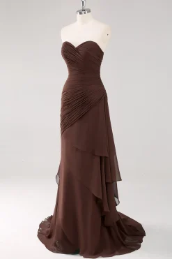 Vestidos Cerimónia Castanho Chiffon Escuro Longo Sem Alças