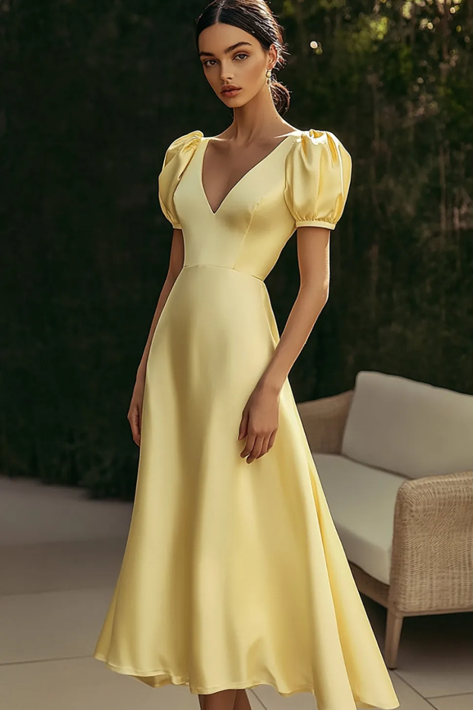 Vestidos Cerimónia Cetim Amarelo Linha-A Midi Decote em V