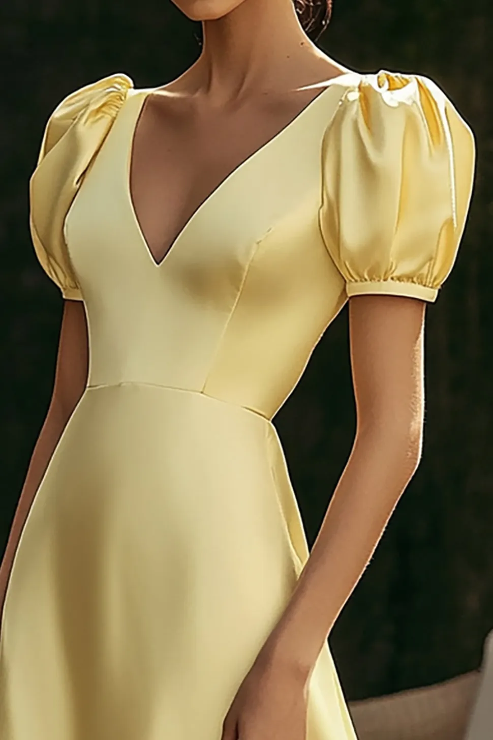 Vestidos Cerimónia Cetim Amarelo Linha-A Midi Decote em V