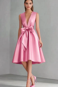 Vestidos Cerimónia com Arco Rosa Decote em V Cetim Midi