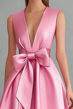 Vestidos Cerimónia com Arco Rosa Decote em V Cetim Midi
