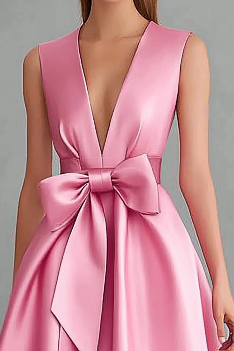 Vestidos Cerimónia com Arco Rosa Decote em V Cetim Midi