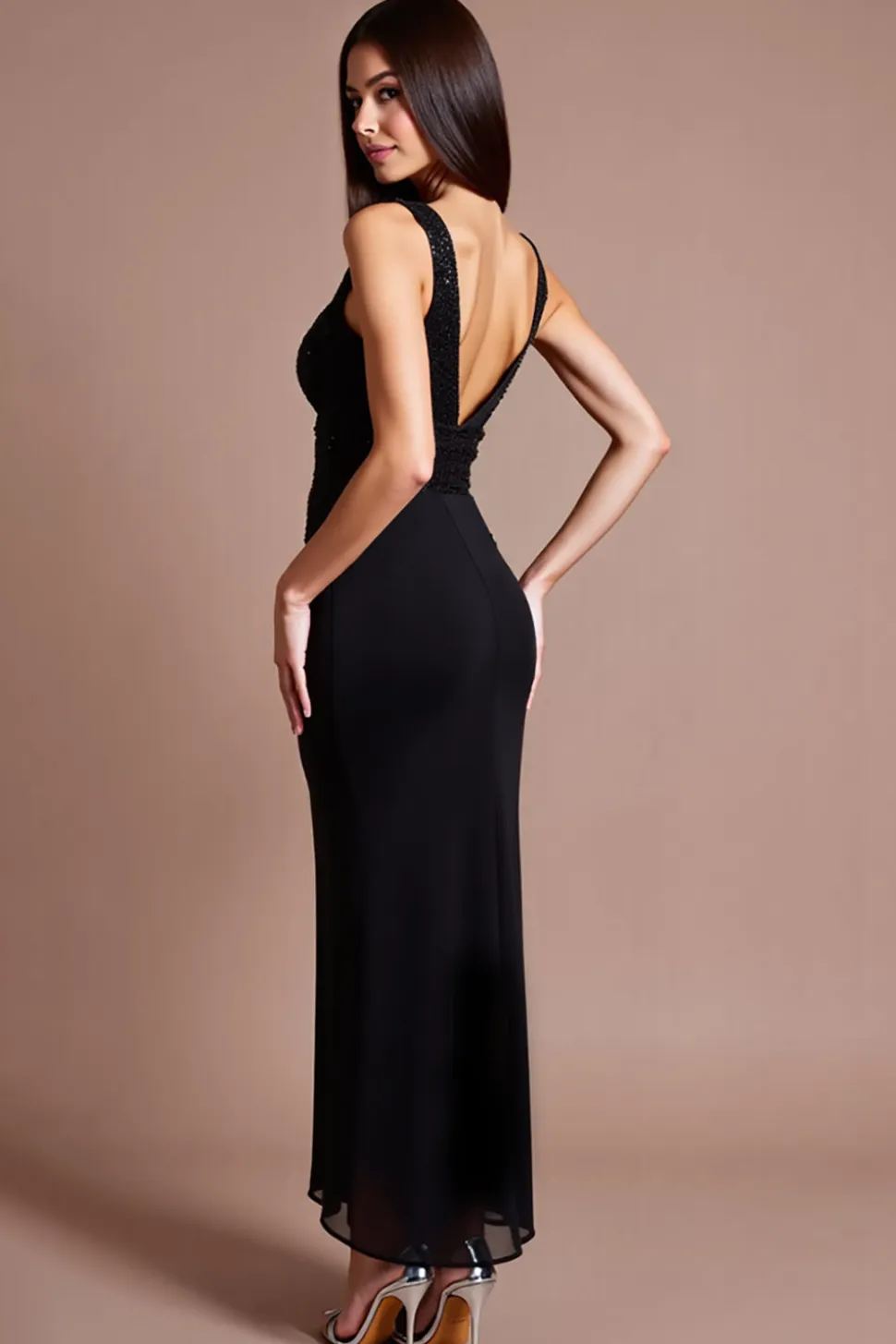 Vestidos Cerimónia com Fenda Preto Decote em V Longo Sereia