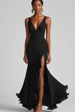 Vestidos Cerimónia com Fenda Preto Longo Decote em V Babado Sereia