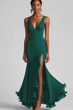 Vestidos Cerimónia com Fenda Preto Longo Decote em V Babado Sereia