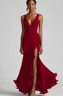 Vestidos Cerimónia com Fenda Preto Longo Decote em V Babado Sereia
