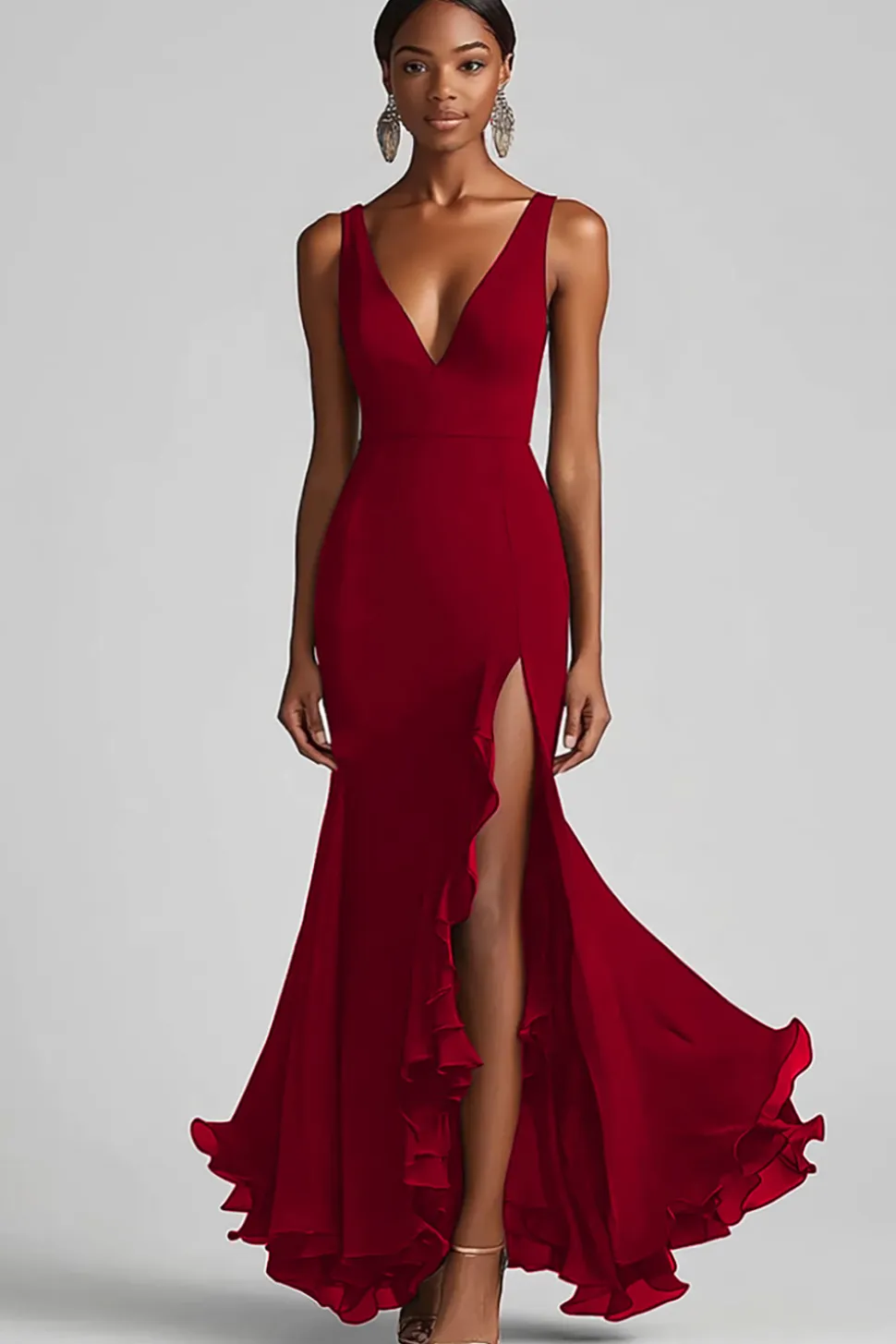 Vestidos Cerimónia com Fenda Preto Longo Decote em V Babado Sereia