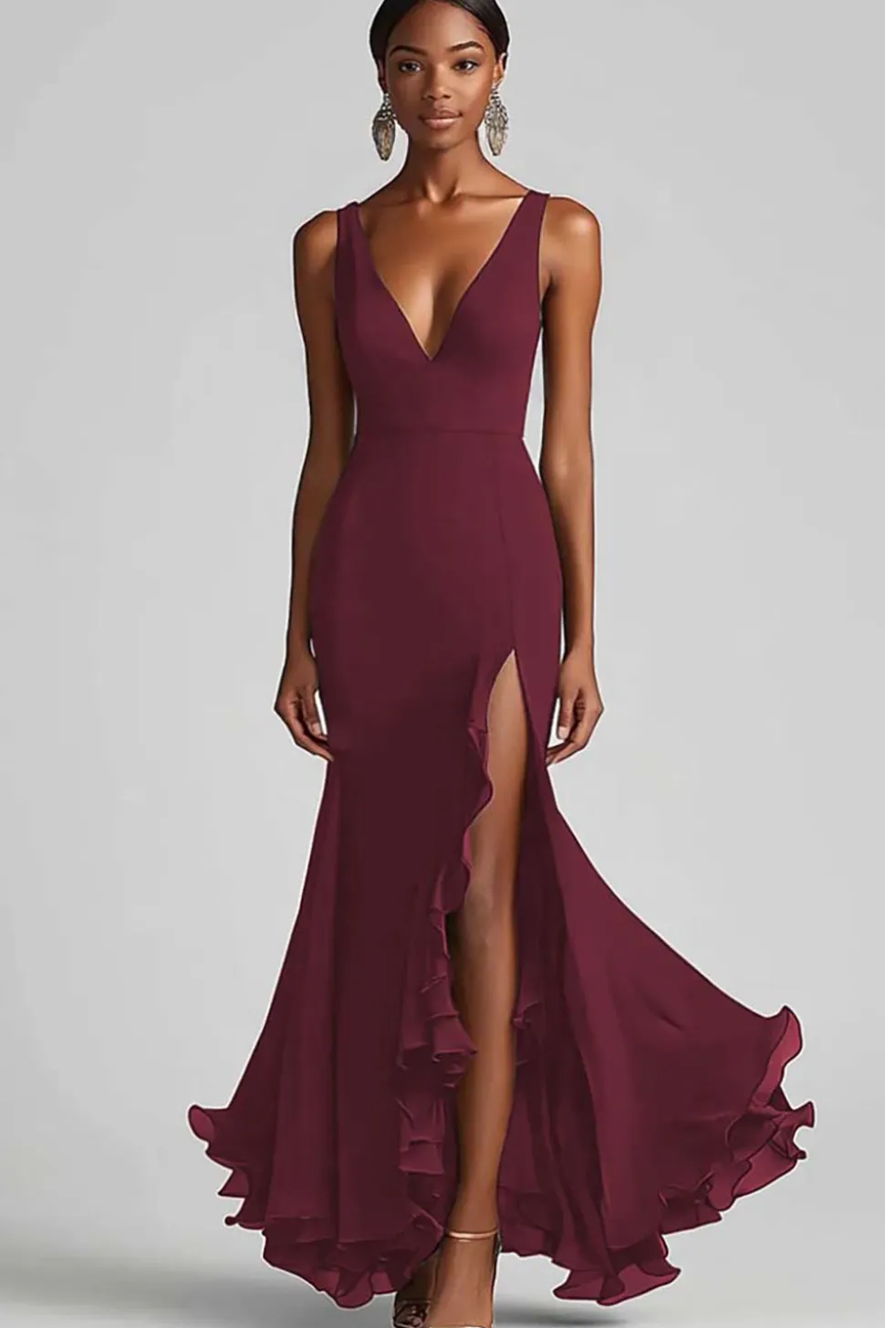 Vestidos Cerimónia com Fenda Preto Longo Decote em V Babado Sereia