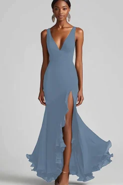 Vestidos Cerimónia com Fenda Preto Longo Decote em V Babado Sereia