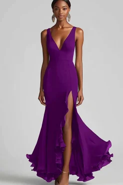 Vestidos Cerimónia com Fenda Preto Longo Decote em V Babado Sereia