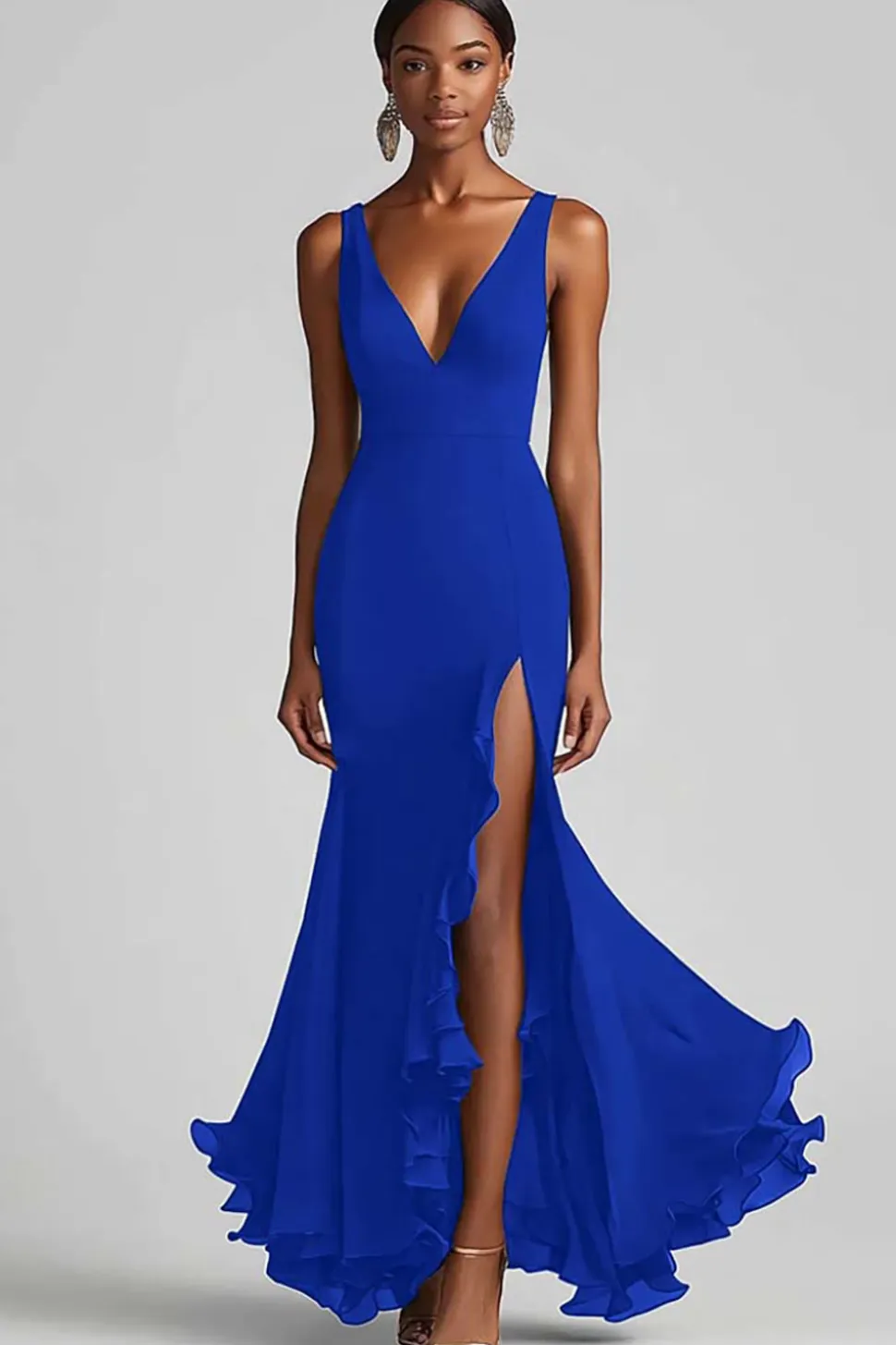 Vestidos Cerimónia com Fenda Preto Longo Decote em V Babado Sereia