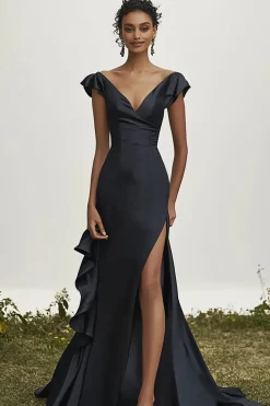 Vestidos Cerimónia com Fenda Preto Longo Decote em V Sereia Cetim