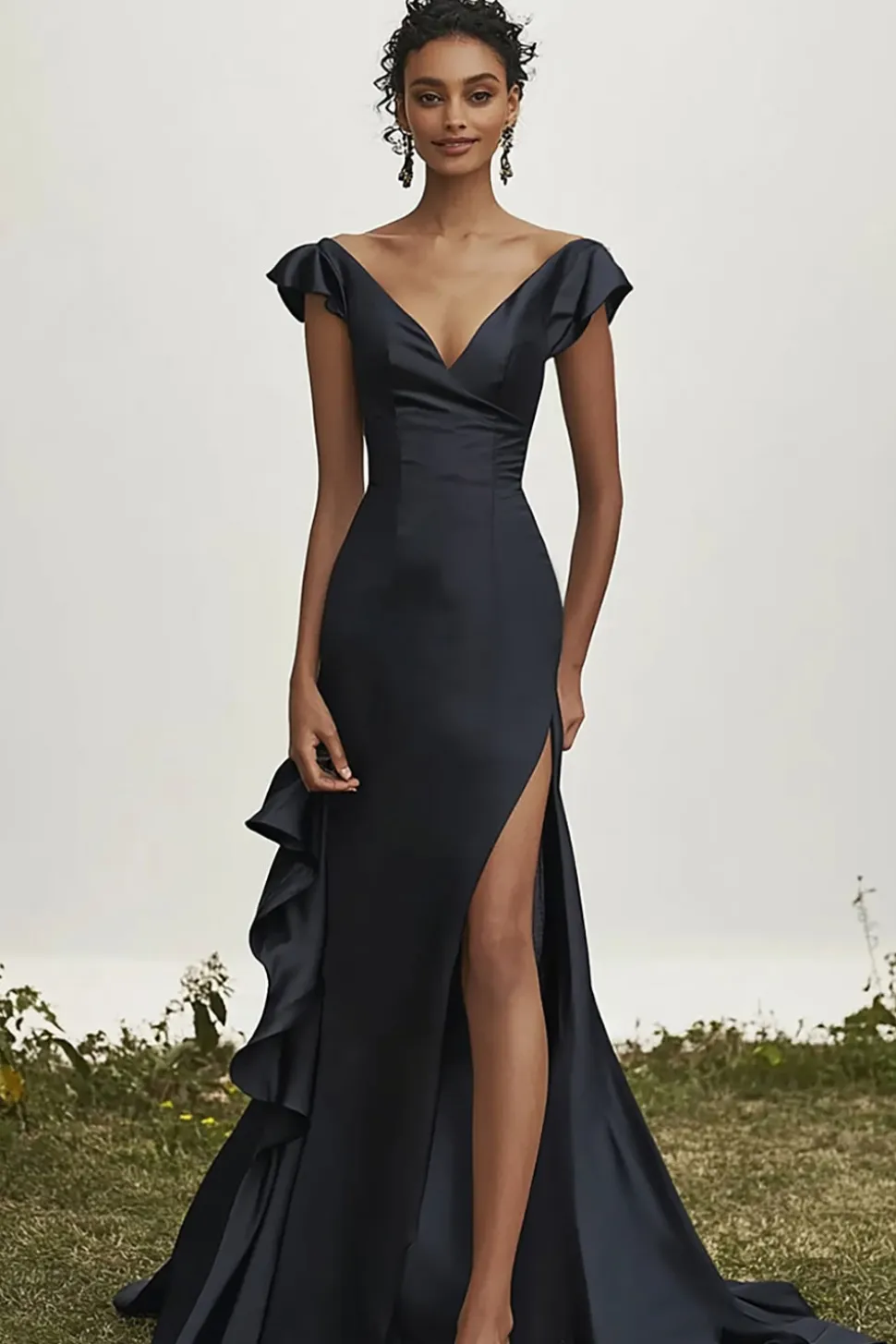 Vestidos Cerimónia com Fenda Preto Longo Decote em V Sereia Cetim