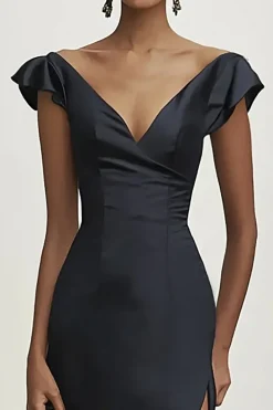 Vestidos Cerimónia com Fenda Preto Longo Decote em V Sereia Cetim
