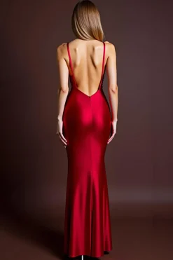 Vestidos Cerimónia com Fenda Alças Finas Vermelho Longo Sereia