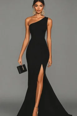 Vestidos Cerimónia com Fenda Sereia Preto Um Ombro